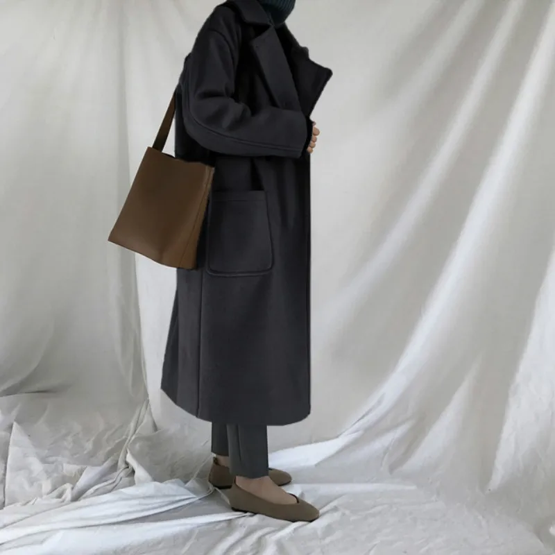 

Leiouna Thick Solid Casual Elegant Double Breasted Pockets New Fashion Womens Long Coat Outwear Ladies Winter Streetwear