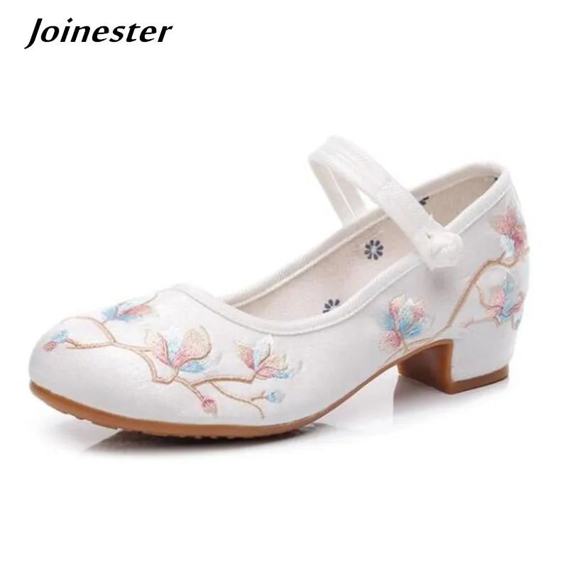 Embroidered Women Retro Mary Jane Pumps Ladies Ankle Strap Dancing Shoes Vintage Ethnic Dress Shoe Summer Autumn Mid Heels