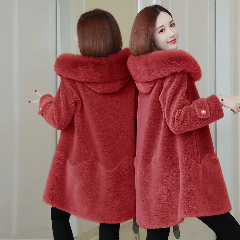 

Women's Composite Long Fur Coat Drop Shoulders Particle Down Collar Hooded Sheep Shearing Coat 2021 Parkas for Women Winter W69