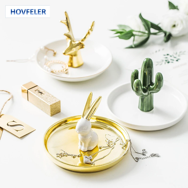 Nordic Ceramic Jewelry Tray Organizer Necklace Ring Display Plate Creative Decorative Crafts Cactus Antlers Holder Desktop Dish