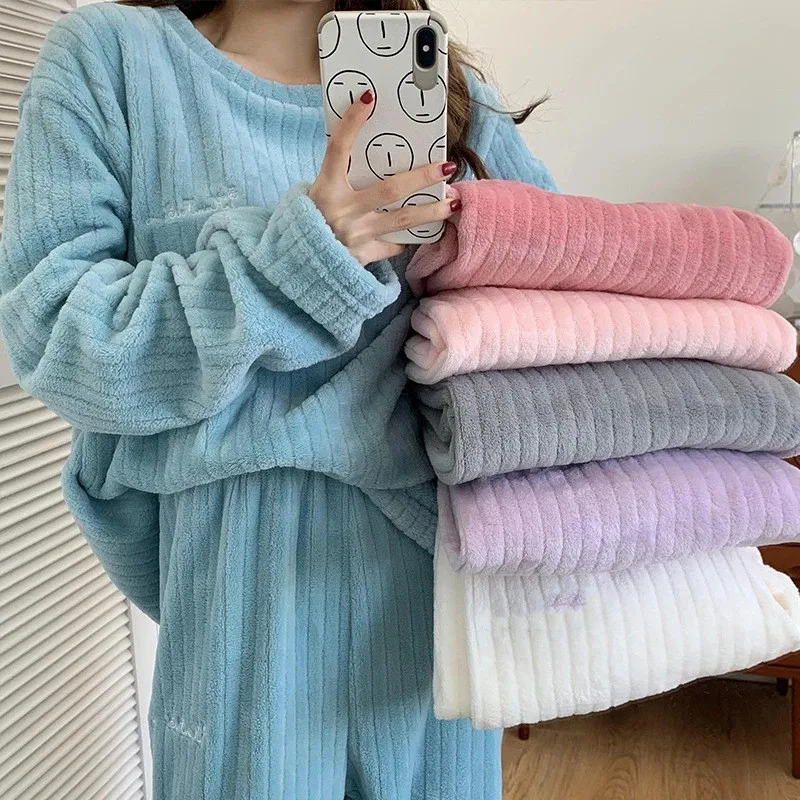 

2021 Autumn Winter Warm Flannel Women Pyjamas Sets Striped Thick Coral Velvet Long Sleeve Sleepwear Flannel Loungewear Nightwear