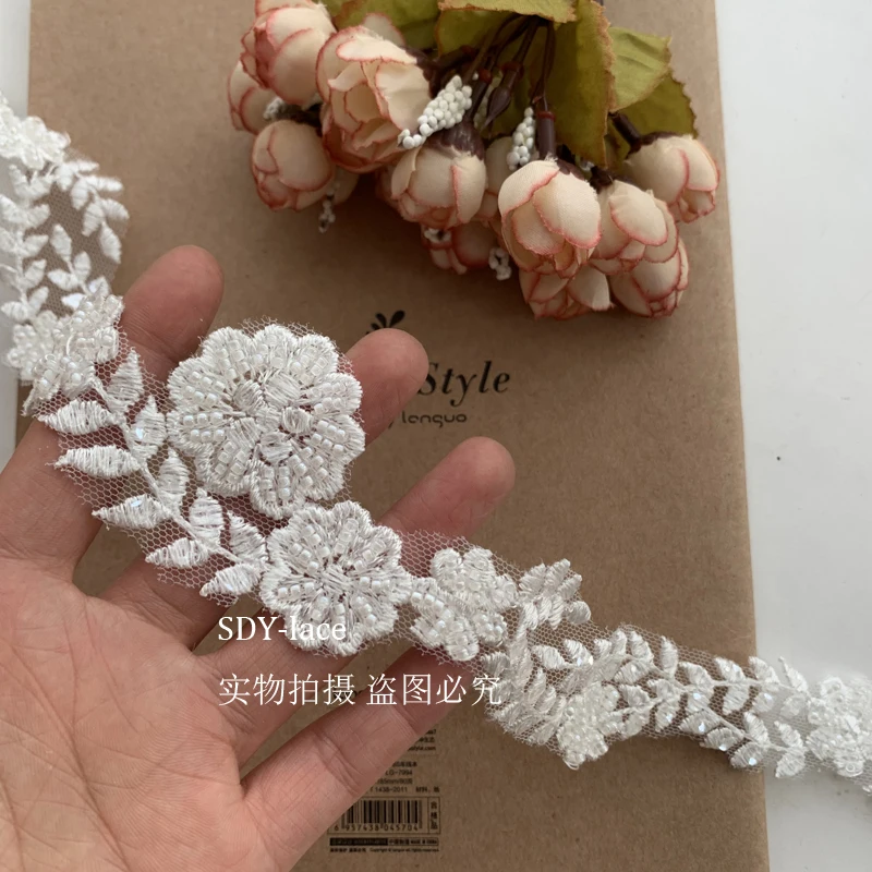 

2021 NEW wedding dress lace beaded lace border lace 4cm Narrow trim beading lace trimming Ivory 5 yards