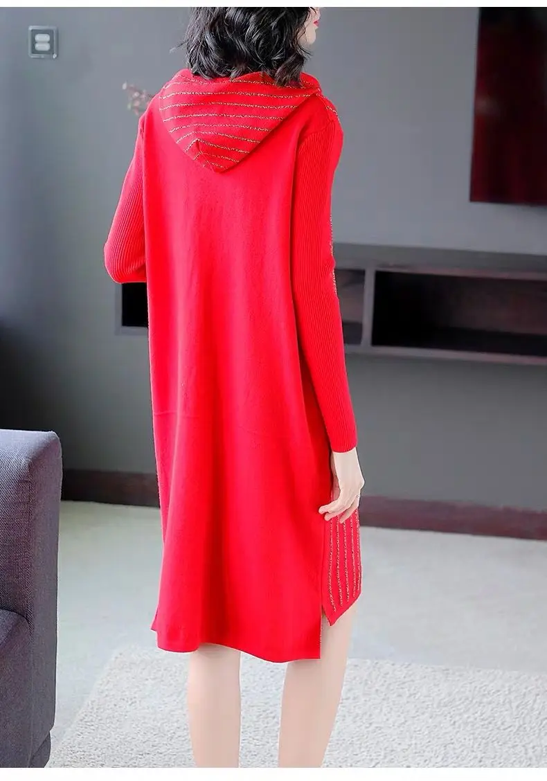 

Women Autumn Winter Casual Loose Striped Dress Female Fashion Hooded Knitted Dresses Ladies Thicken Overknee Sweater Dress P132
