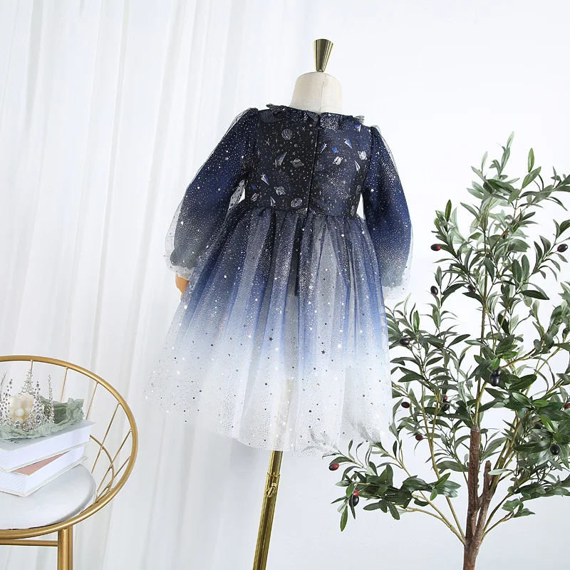 Girls dress 2019 autumn new children's gauze long sleeve starry sky gradient mesh skirt female treasure party | Детская одежда и