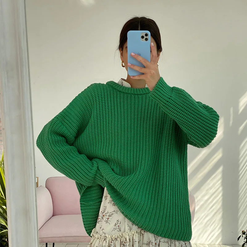 

Women's Coarse Knit Sweater Long Sleeve Casual Loose Candy Color Round Neck 2021 Fall/Winter Fashion Warm Pullover