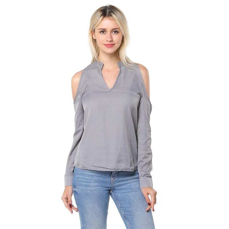 

Sexy V Neck Cold Shoulder Chiffon Blouses Cuffed Long Sleeve Women Tops Solid Plus Size Loose Casual Pullover Tee Blouse