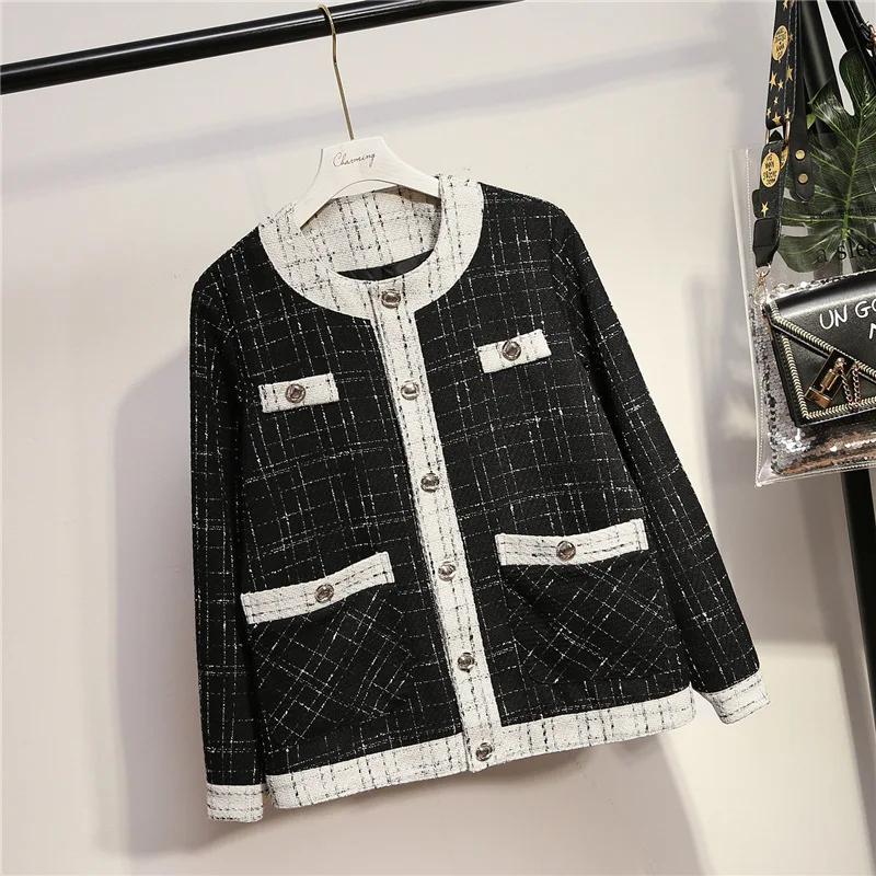 Black Элегантная клетчатая женская зимняя куртка размера плюс 4XL 5XL Офисная Женская куртка для женщин Свободная твидовая куртка пальто для женщин - Цвет: Black