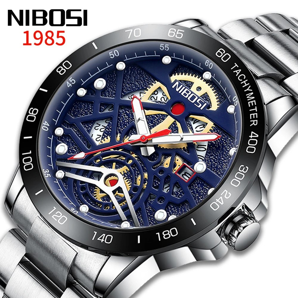 NIBOSI Мужские кварцевые часы из нержавеющей стали Водонепроницаемый и автодатой