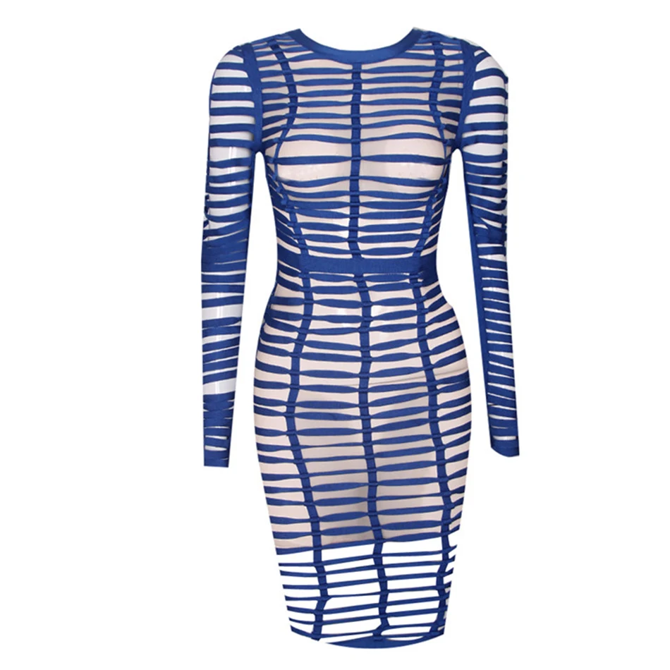 Модное Сетчатое строченное синее Полосатое Бандажное платье женское