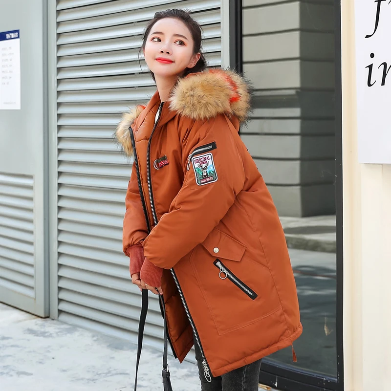 orange fur collar Новая мода, зимняя женская куртка, плюс размер, зимнее пальто с капюшоном, теплый меховой воротник, с хлопковой подкладкой, Длинные парки для женщин, Sz46 - Цвет: orange fur collar