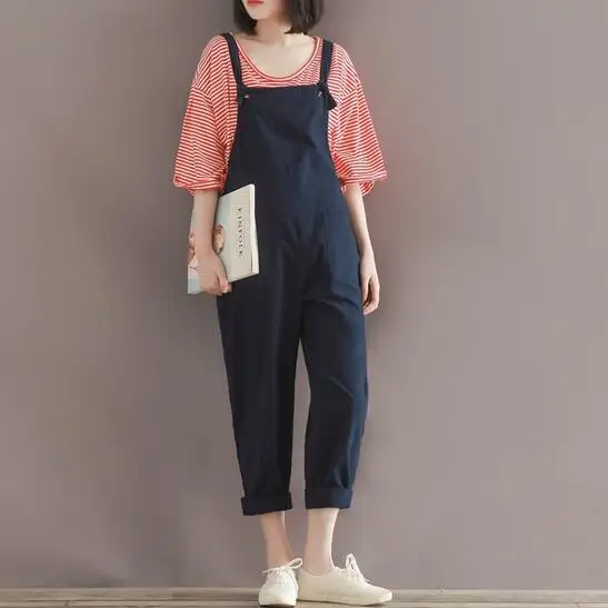 Ретро плюс размер женские комбинезоны брюки синий хлопок лен ретро 2019 женский