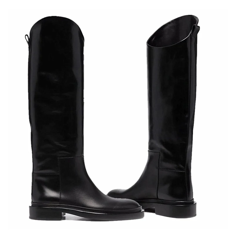 

Women Genuine Leather Military Boots Flat Heel Knee High Knight Boots 2021 Autumn Winter New Black Women's Shoes Plus Size 34-41