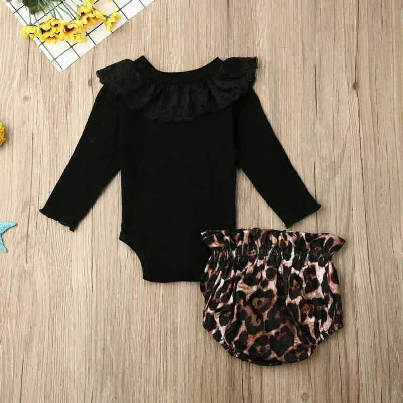 Autumn Newborn Baby Girl Clothes Lace Knitted Romper Leopard Shorts Pants Outfit | Мать и ребенок