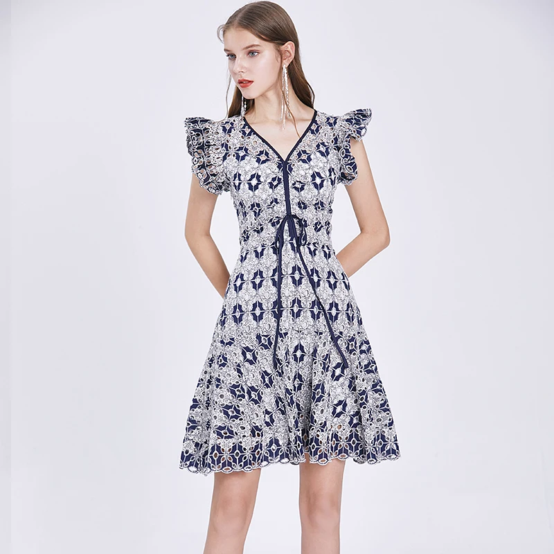 

Women Summer Designer Elegant Embroidered Crochet Hollow Out Lace Sexy Cocktail Party Robe Female Vintage A-Line Dress Vestidos