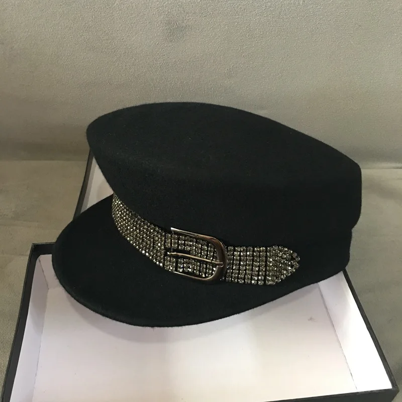 

New Fashion Women Black Felt Adult Winter Hat Rhinestone Belt Trim Wool Cap Newsboy Visor Beret Hat Cap Lady Paperboy Cabbie Hat