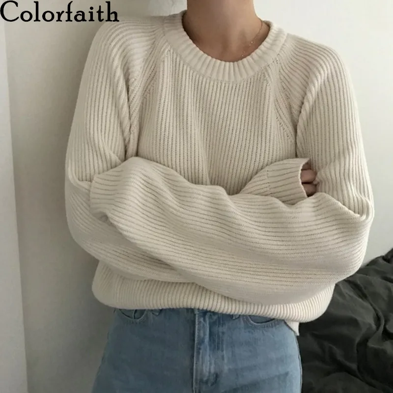 Colorfaith женские Свитера Осень Зима пуловер вязаный круглый вырез минималистичный Повседневный однотонный длинный рукав Свободные топы SW7197