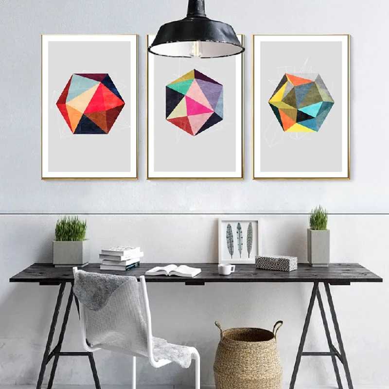

Nordic Abstract Multicolored Triangle Color Blocks Stitching Art Printing Canvas Poster Hexagon Painting Modern Home Decoration