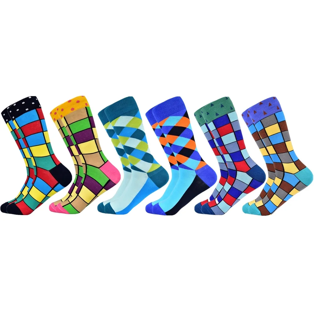 6 pairs socks-2 Популярные мужские носки из чесаного хлопка подарки для мужчин клетчатые геометрические повседневные мужские носки Цветные счастливые мужские носки - Цвет: 6 pairs socks-2