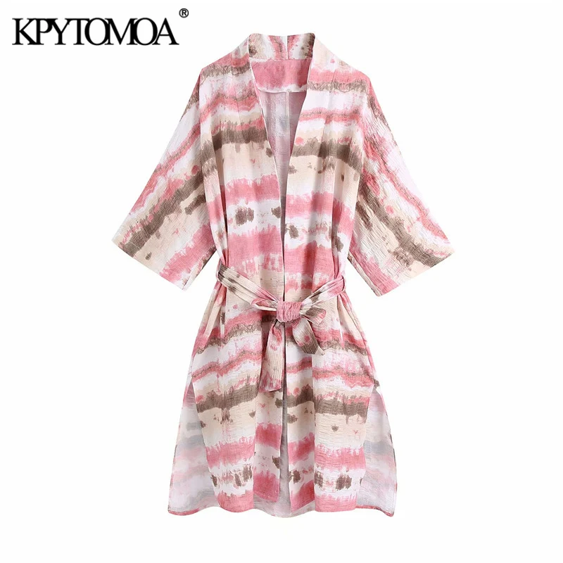 

KPYTOMOA Women 2021 Fashion With Belt Tie-Dye Loose Kimono Blouses Vintage Three Quarter Sleeve Side Slit Female Shirts Chic Top