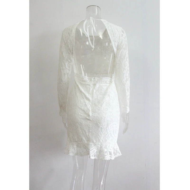 

WEPBEL Summer Autumn Backless Color Lace Dress Women's Casual Long Sleeve Sexy Solid O-Neck Slim Lace-up Hollow Out Dress