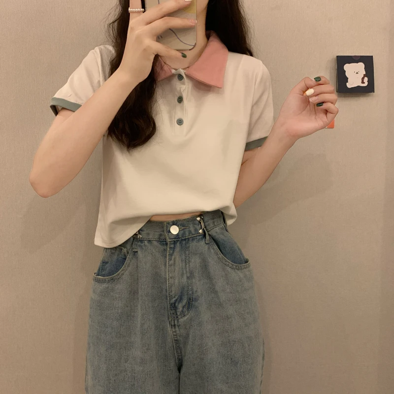 

2021 Summer New Cool Fashion Women's Clothing Casual All-match Trend Button T-Shirts Turn-down Collar Straight Slim Tops Tees