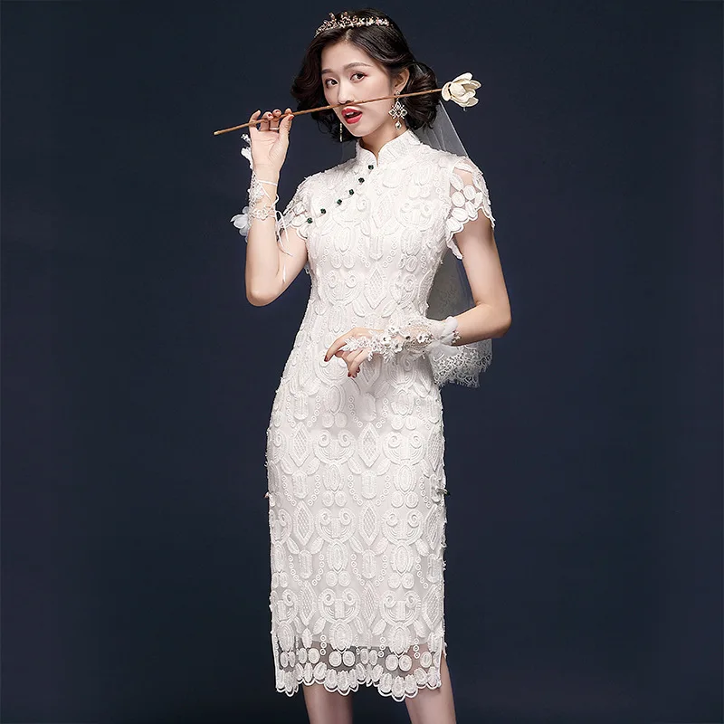Китайское свадебное платье белое кружевное Ципао для невесты|qipao dress|cheongsam qipao