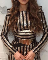 sexy ladies tight party fancy dress ladies nightclub black and gold long sleeve striped sequin formal party dress