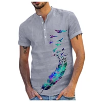 men feather print shirts button v neck patch polyester pocket linen short sleeve plus size shirt summer top 2022