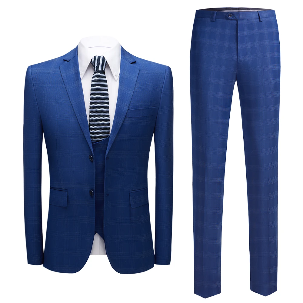 

New style of men's suit. Blue plaid business blazer. Men's Fashion Boutique Plaid Wedding Dress Suit( Jacket + Vest ++ Pants )