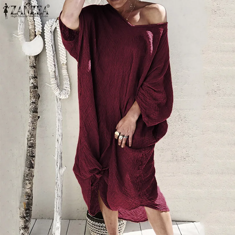 ZANZEA женское летнее платье с рукавом длиной до колена Vestidos Летний Пляжный сарафан Сексуальное Женское Платье с v-образным вырезом
