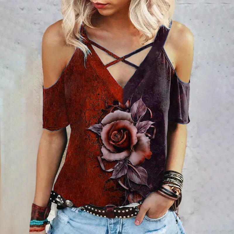 

2021 Fashion Street Hipster Summer Casual V-neck Gothic Rose Print Short Sleeve Loose T-shirt Pullover T-shirt Female Plus Size