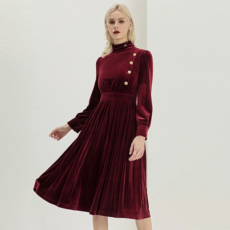 YIGELILA New Arrivals Deep Wine Dress O-neck Full Sleeves Velvet Dress Lantern Sleeves Mid-calf With Button Dress 65355