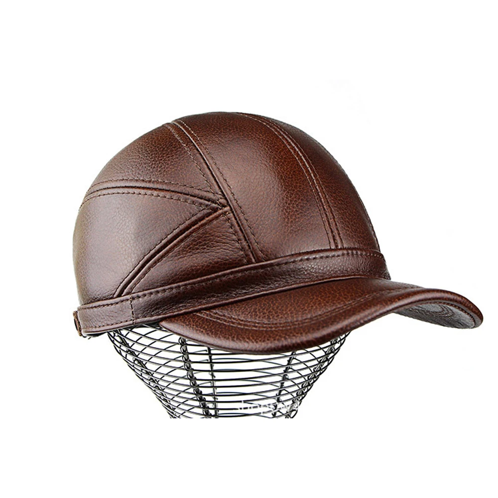 

Men Real Cowhide Leather Earlap Caps Male Fall Winter 100% Real Cow Leather Hats New Casual Real Leather Outdoor Baseball Cap