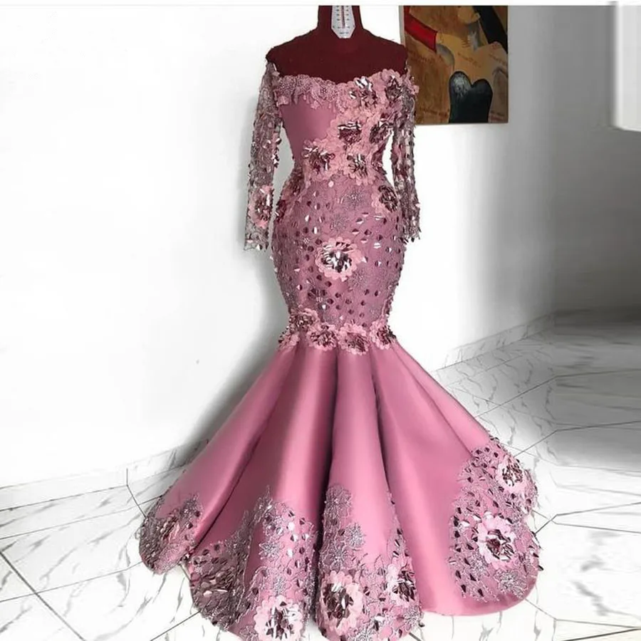 

Элегантное Вечернее Платье-Русалка Aso Ebi с 3D цветами, кружевные африканские вечерние платья с длинными рукавами и открытыми плечами, 2021