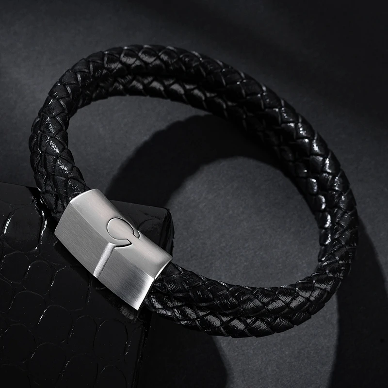 

MOZO FASHION 2020 Trendy Simple Men Bracelet Genuine Leather Bracelet Stainless Steel Buckle Bracelet High Quality Women Jewelry