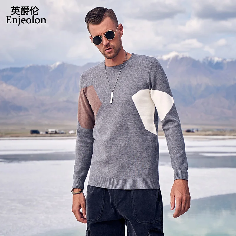 Enjeolon New Sweaters Men Autumn Winter Patchwork Knitted Quality Pullover O-neck Casual Men's Sweater Plus M-3XL MY3448 | Мужская