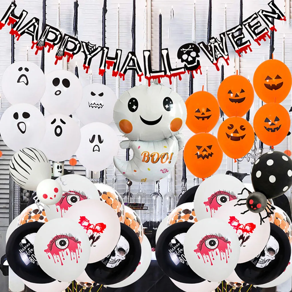 

Happy Halloween Banner Balloon Set Aluminum Film Halloween Balloon Hanging Skeleton Pattern Balloon Mini Party Decor With Ribbon