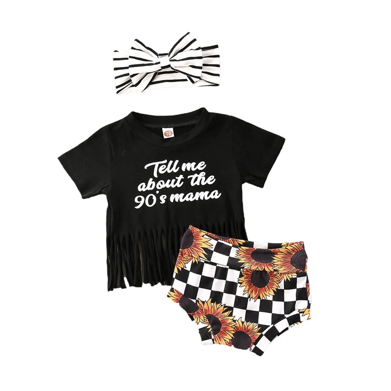 2020 Newest Hot Kids Baby Girls Summer Top Shorts 3-Piece Suit Short Sleeve Tassels Blouse Plaid Sunflower Pants Hair Band |