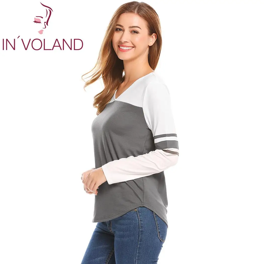 Женская Повседневная футболка с v-образным вырезом и длинным рукавом из кусков