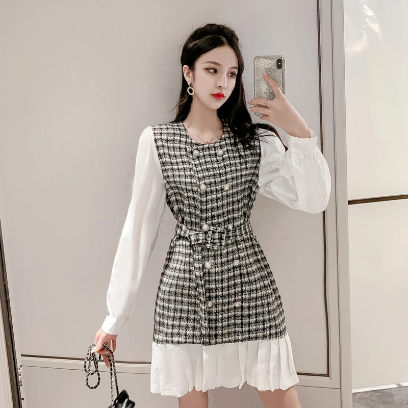Клетчатое платье женское 2019 осень Новое Женское французское офисное винтажное