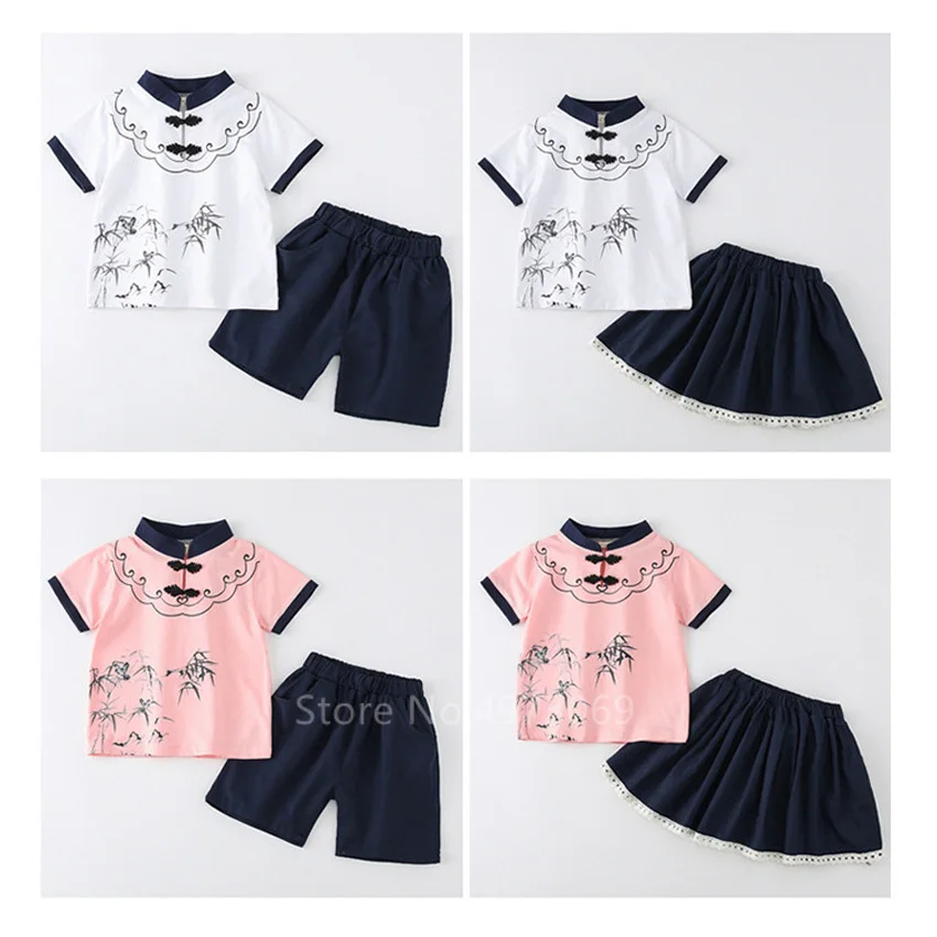 

2020 Chinese Style Sets Children Summer Fashion Vintage Kids Ancient Dynasty Tang Suit Boys Girls 2 Pieces Traditional Clothing