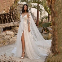 luxury a line wedding dresses v neck spaghetti straps gowns 3d three dimensional applique sexy high split robe de