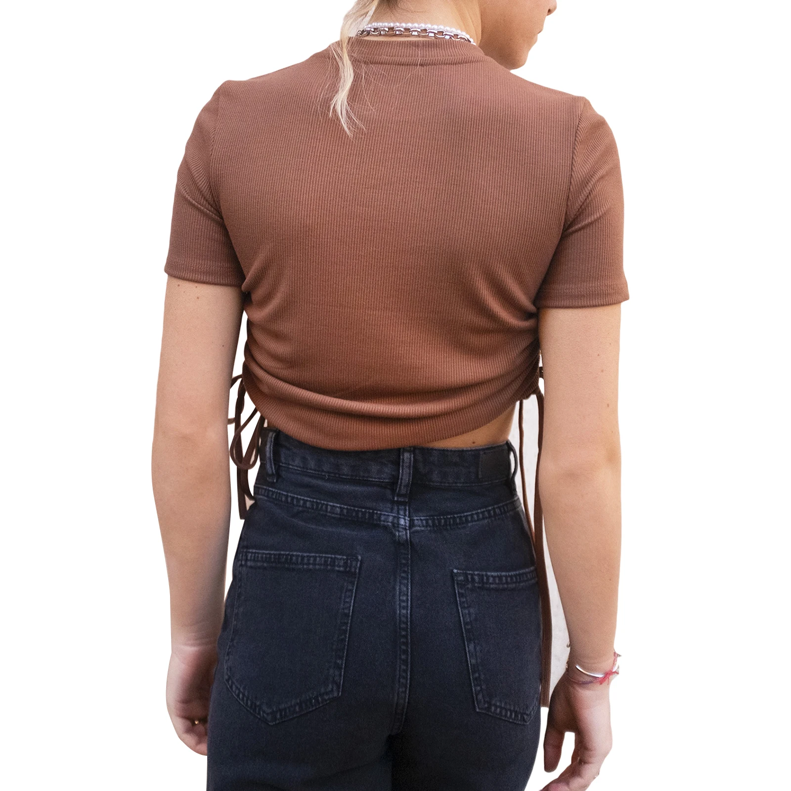 

Women Nice New Short Sleeve Drawstring T-shirt Stylish Round Neck Solid Color Crop Top