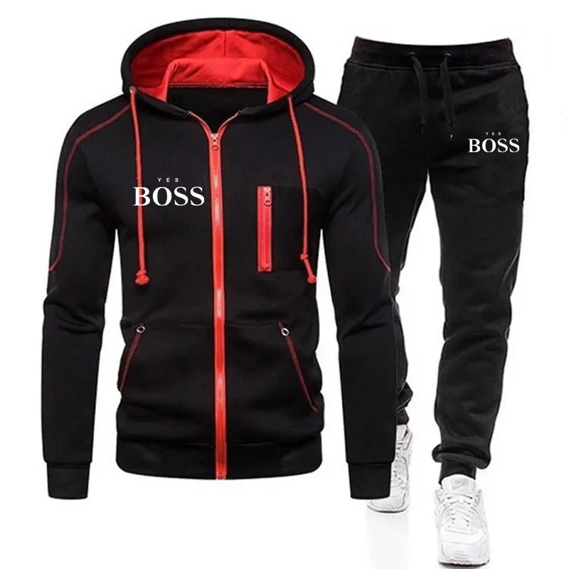 

New Yes Boss Men's Autumn Winter Sets Zipper Hoodie+Pants Two Pieces Casual Tracksuit Male Sportswear Brand Clothing Sweat Suit