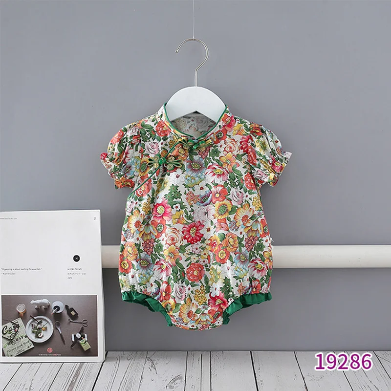 

Kids Clothing Summer Cotton Infant Triangle Romper Baby Girl Clothes Green Floral Short Sleeve Infant Jumpsuit Newborn Bodysuit