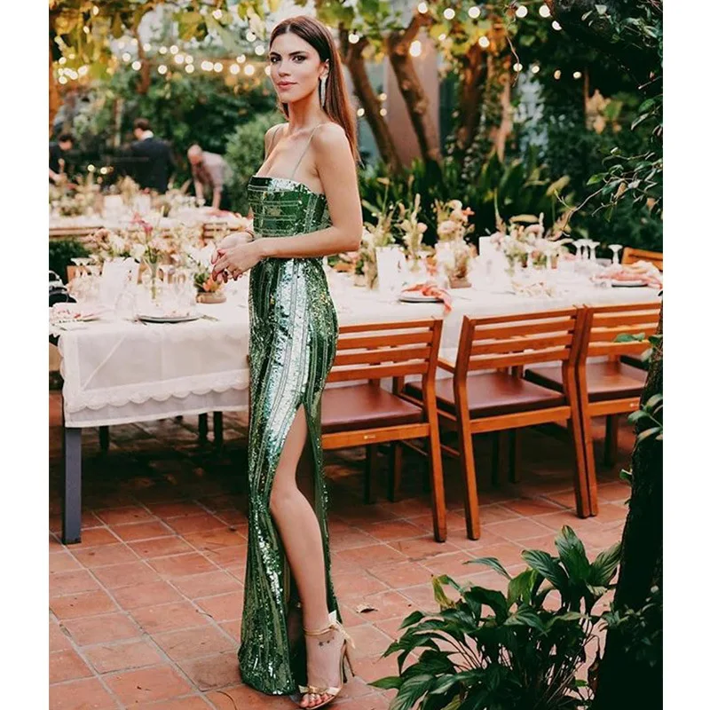 

Sequined Strap Sleeveless Party Dress Summer Green High Slit Bodycon Sexy Women Dress 2021 Fashion Backless Robe