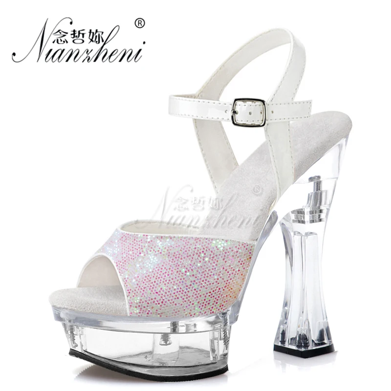 

14CM Bling Glitter Peep toe Stripper heels Sexy Stage Show Pole dance shoes Models Party High heels Coarse heel Concise Elegant