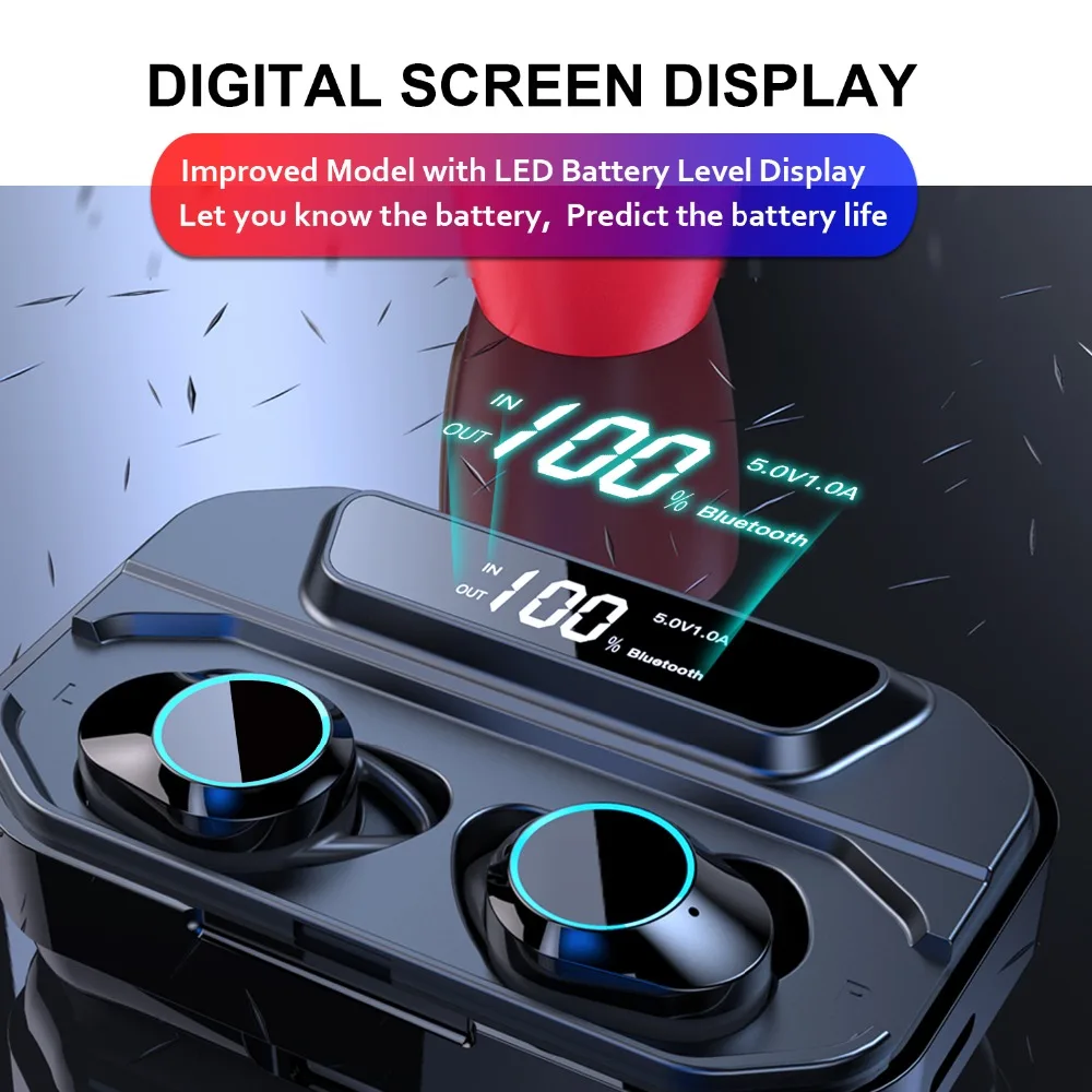 

TWS 5.0 Bluetooth Earbuds IPX7 Waterproof Earphones with 125H Play time 6D Stereo Sound Built-in Mic with 3500MAH Charging Case