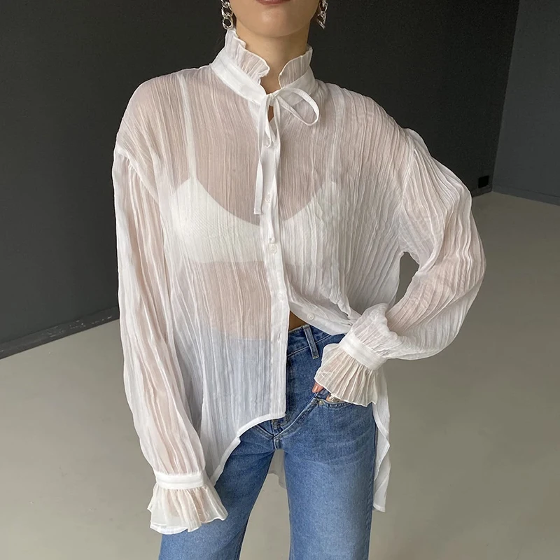 

Dourbesty Fairycore Fashion Rufffles Tops White Shirt For Women Flared Long Sleeve See Through Shirt Ladies Tie Button Blouses