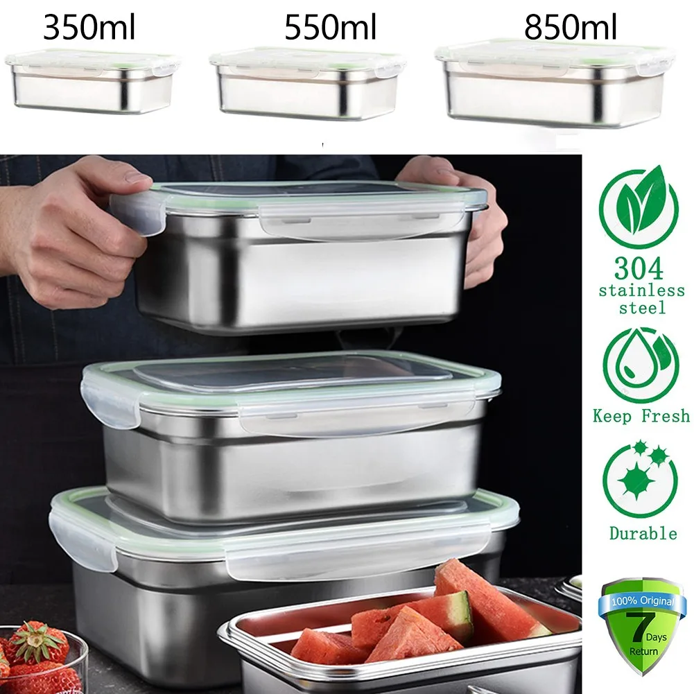 

Leak Proof Stainless Steel Food Containers Storage Bento Lunch Box Fresh-keeping Box Square Sealed Box For Home Kitchen